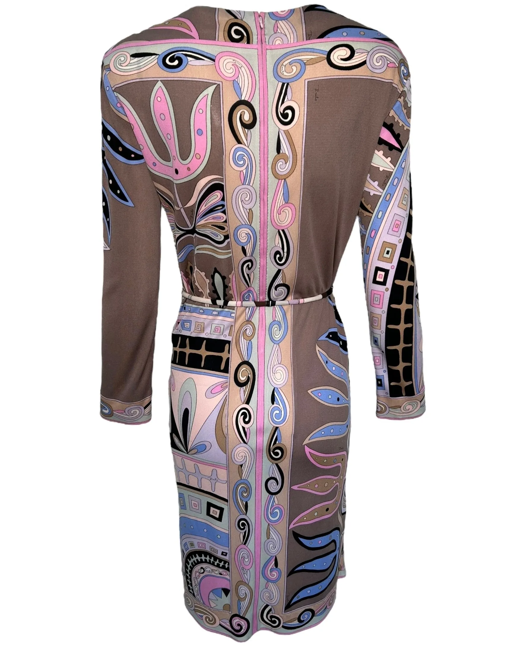 Emilio Pucci Mauve, Pink, & Blue Geometric Long Sleeve Dress with Belt