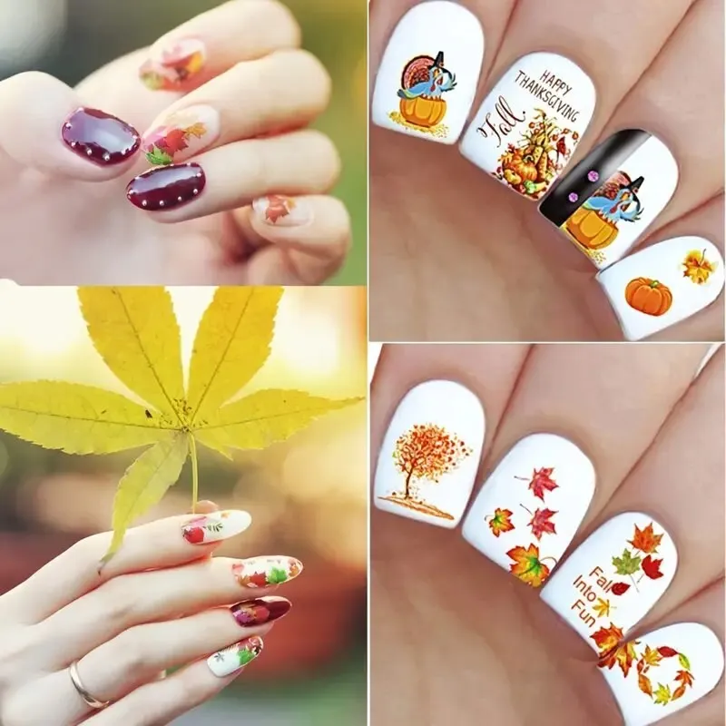 Fall Nail Art Stickers | Nail Supplies Maple Leaves Nail Art Water Decals Transfer Foil Maple Leaf Pumpkin Turkey Stickers