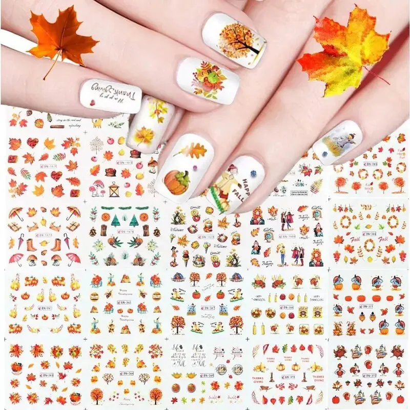 Fall Nail Art Stickers | Nail Supplies Maple Leaves Nail Art Water Decals Transfer Foil Maple Leaf Pumpkin Turkey Stickers