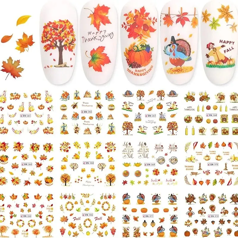 Fall Nail Art Stickers | Nail Supplies Maple Leaves Nail Art Water Decals Transfer Foil Maple Leaf Pumpkin Turkey Stickers