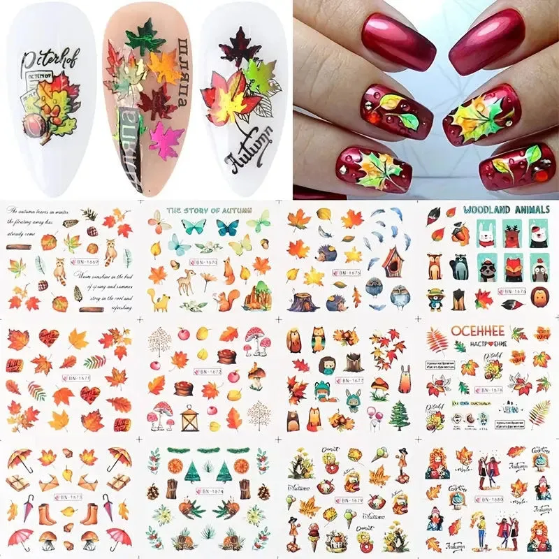 Fall Nail Art Stickers | Nail Supplies Maple Leaves Nail Art Water Decals Transfer Foil Maple Leaf Pumpkin Turkey Stickers