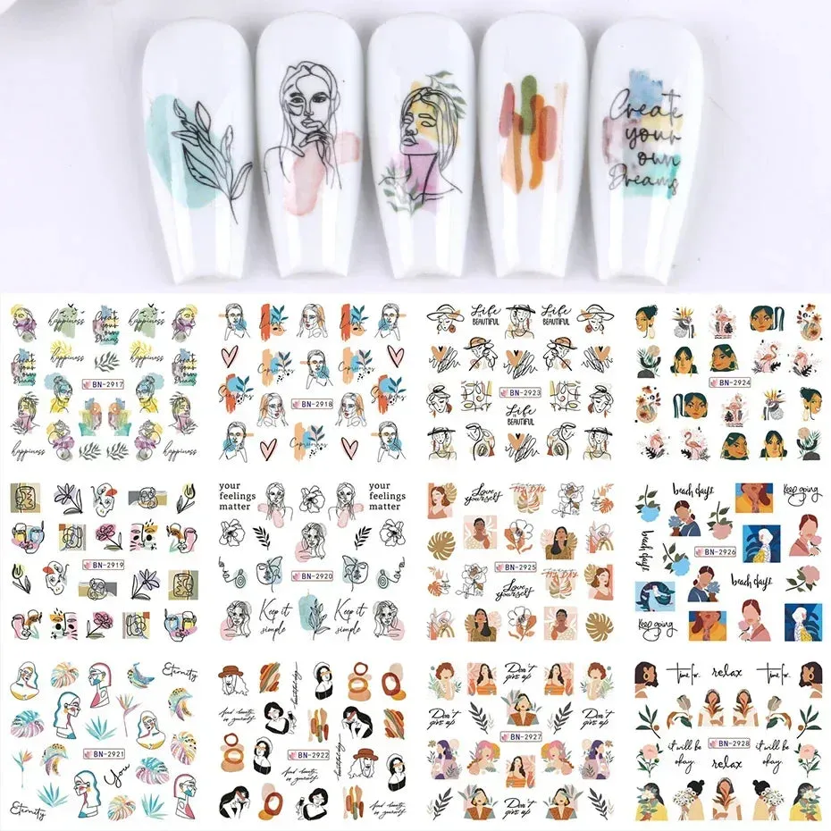 Joskaa 12Pcs/Set Woman Face Design Abstract Nail Art Stickers Flower Letter Leaf Sliders Decals DIY Manicure Decoration Water Stickers