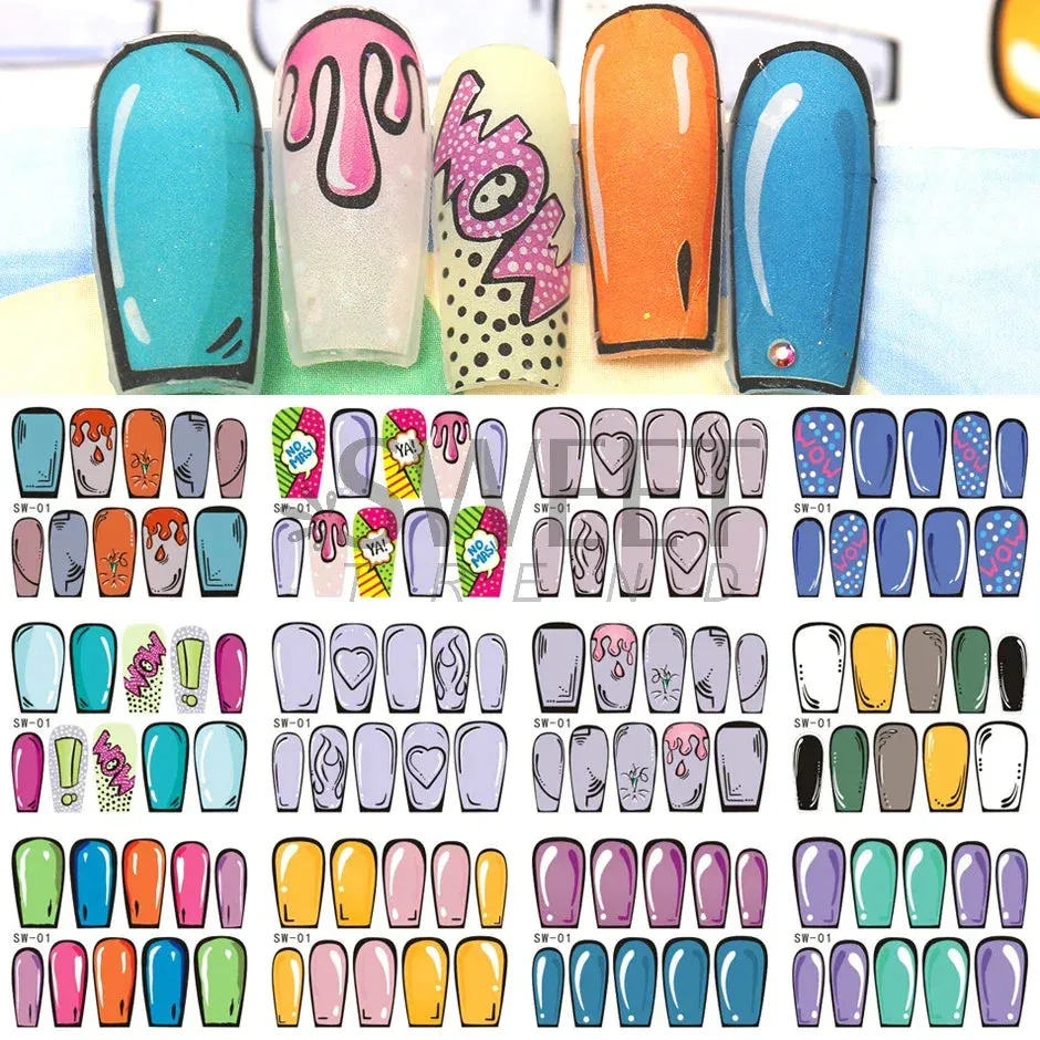 Joskaa 12Pcs/Set Woman Face Design Abstract Nail Art Stickers Flower Letter Leaf Sliders Decals DIY Manicure Decoration Water Stickers