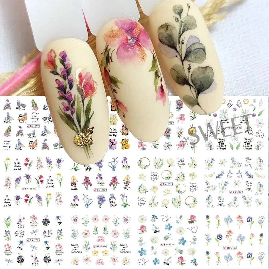 Joskaa 12Pcs/Set Woman Face Design Abstract Nail Art Stickers Flower Letter Leaf Sliders Decals DIY Manicure Decoration Water Stickers