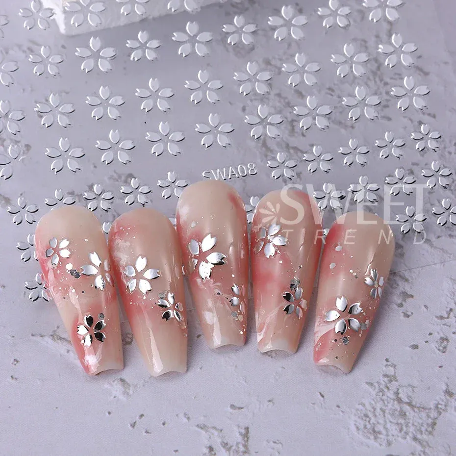 Joskaa 3D Laser Silver Sakura Flower Nail Art Sticker Holographic Foils White Floral Decals Adhesive Sliders Cherry Blossom Manicure