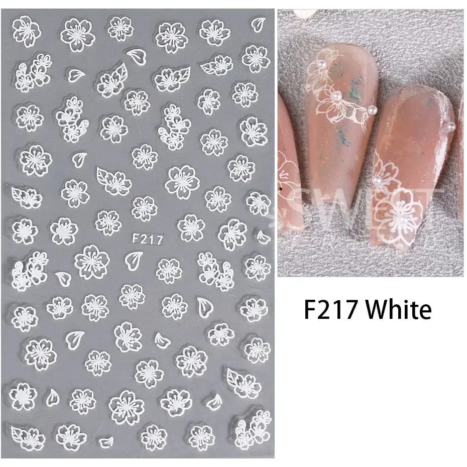Joskaa 3D Laser Silver Sakura Flower Nail Art Sticker Holographic Foils White Floral Decals Adhesive Sliders Cherry Blossom Manicure