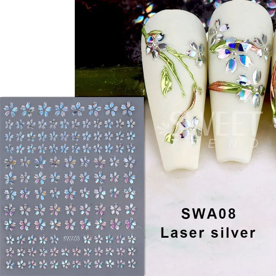 Joskaa 3D Laser Silver Sakura Flower Nail Art Sticker Holographic Foils White Floral Decals Adhesive Sliders Cherry Blossom Manicure
