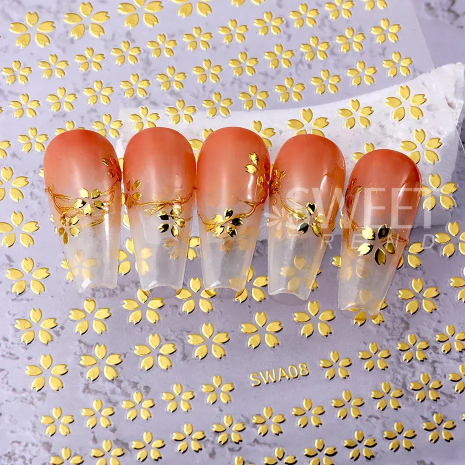 Joskaa 3D Laser Silver Sakura Flower Nail Art Sticker Holographic Foils White Floral Decals Adhesive Sliders Cherry Blossom Manicure