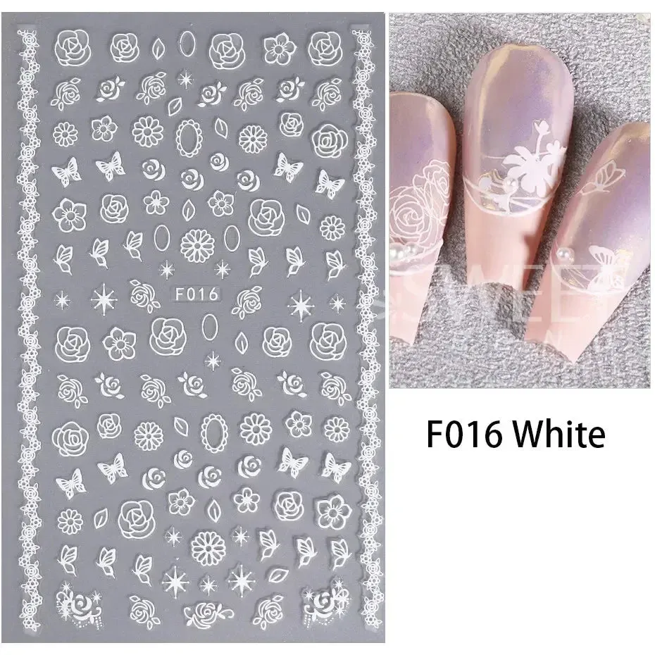Joskaa 3D Laser Silver Sakura Flower Nail Art Sticker Holographic Foils White Floral Decals Adhesive Sliders Cherry Blossom Manicure