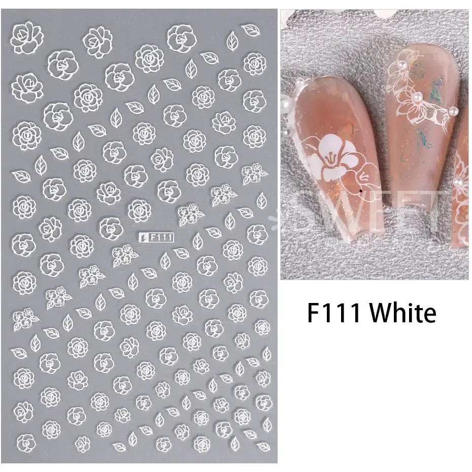 Joskaa 3D Laser Silver Sakura Flower Nail Art Sticker Holographic Foils White Floral Decals Adhesive Sliders Cherry Blossom Manicure