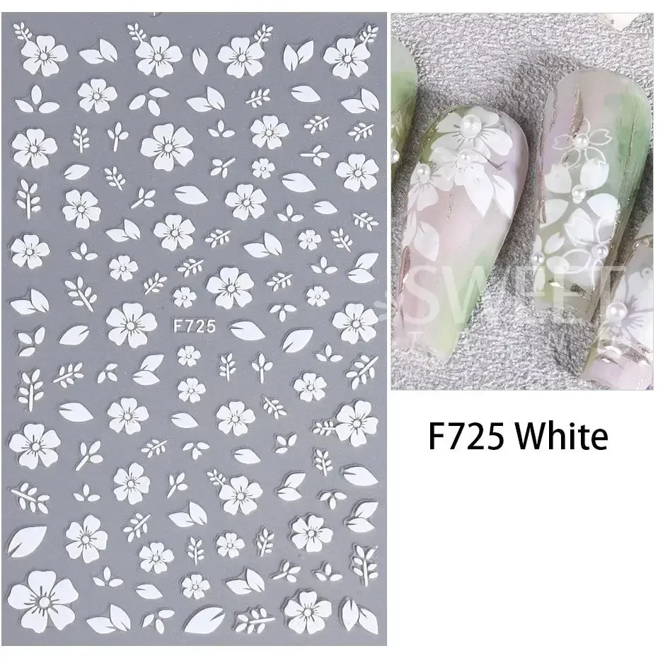 Joskaa 3D Laser Silver Sakura Flower Nail Art Sticker Holographic Foils White Floral Decals Adhesive Sliders Cherry Blossom Manicure