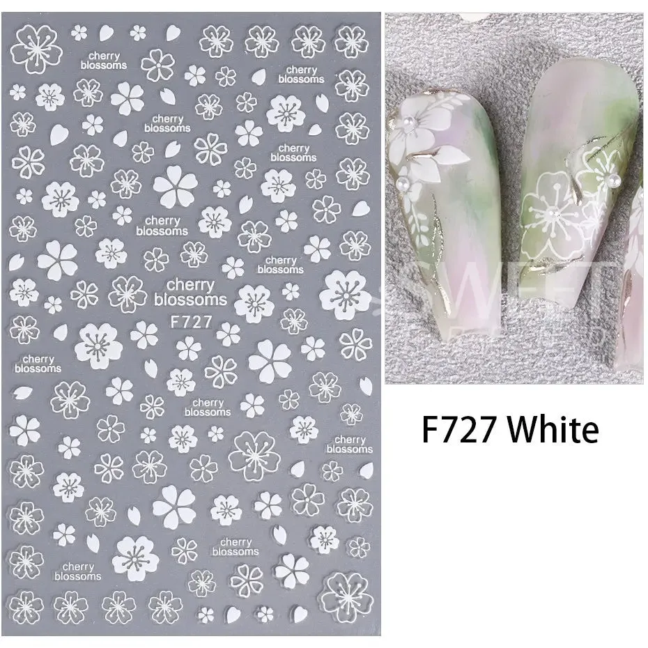 Joskaa 3D Laser Silver Sakura Flower Nail Art Sticker Holographic Foils White Floral Decals Adhesive Sliders Cherry Blossom Manicure