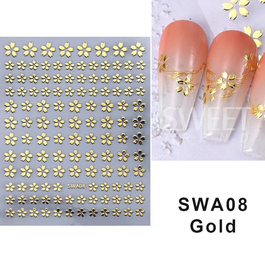 Joskaa 3D Laser Silver Sakura Flower Nail Art Sticker Holographic Foils White Floral Decals Adhesive Sliders Cherry Blossom Manicure