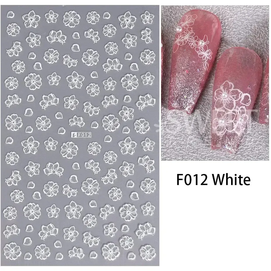 Joskaa 3D Laser Silver Sakura Flower Nail Art Sticker Holographic Foils White Floral Decals Adhesive Sliders Cherry Blossom Manicure