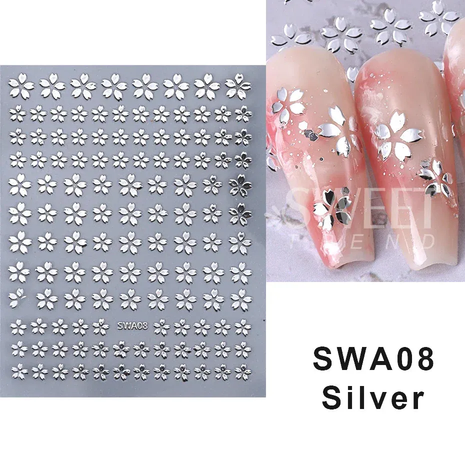 Joskaa 3D Laser Silver Sakura Flower Nail Art Sticker Holographic Foils White Floral Decals Adhesive Sliders Cherry Blossom Manicure