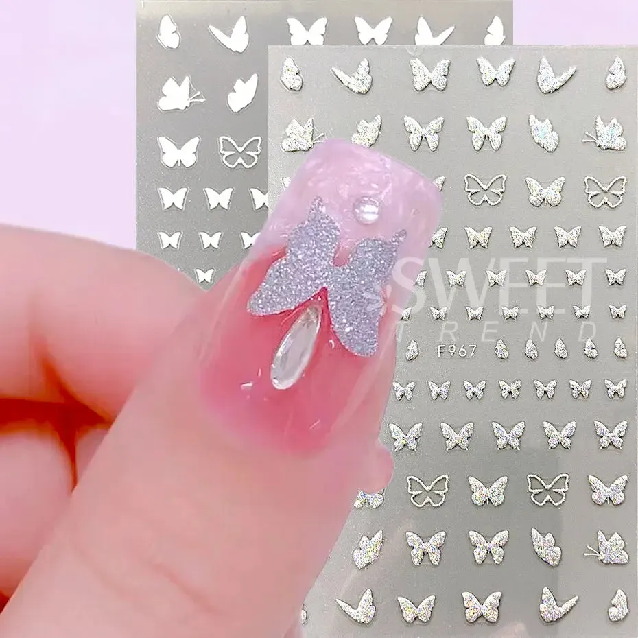Joskaa 3D Reflective Golden Glitter Stickers Silver Powder Butterfly Star French Holographic Lines Nail Art Decals Decoration Manicure