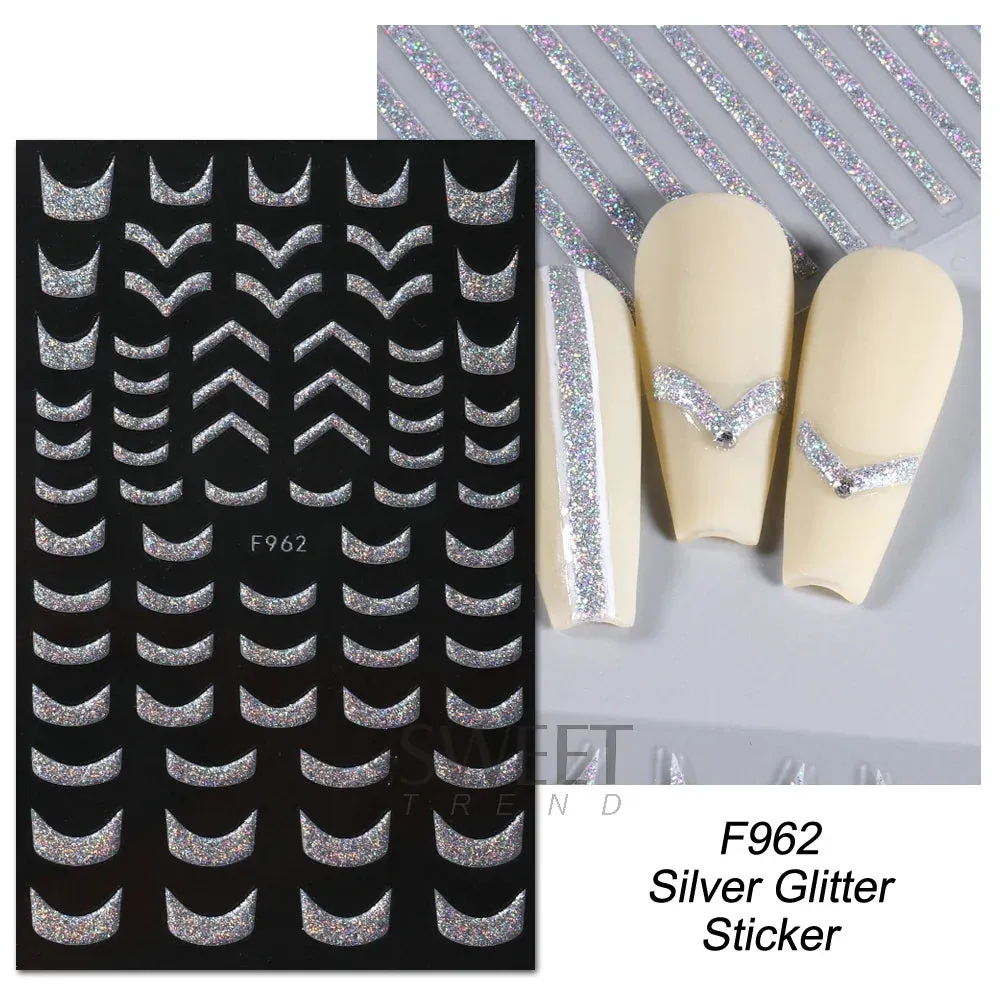 Joskaa 3D Reflective Golden Glitter Stickers Silver Powder Butterfly Star French Holographic Lines Nail Art Decals Decoration Manicure
