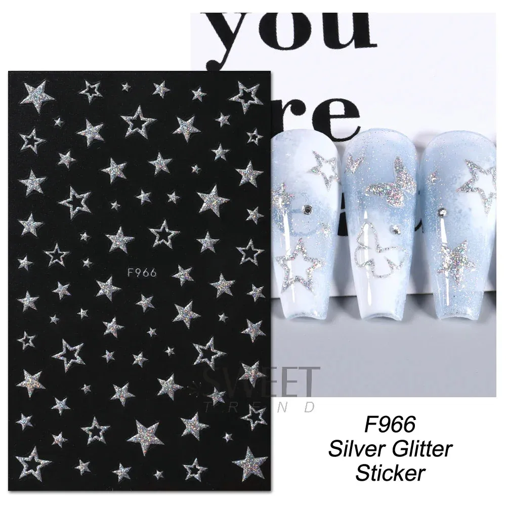Joskaa 3D Reflective Golden Glitter Stickers Silver Powder Butterfly Star French Holographic Lines Nail Art Decals Decoration Manicure