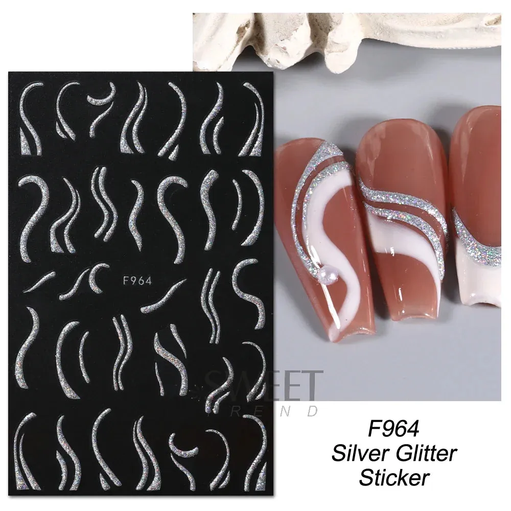 Joskaa 3D Reflective Golden Glitter Stickers Silver Powder Butterfly Star French Holographic Lines Nail Art Decals Decoration Manicure