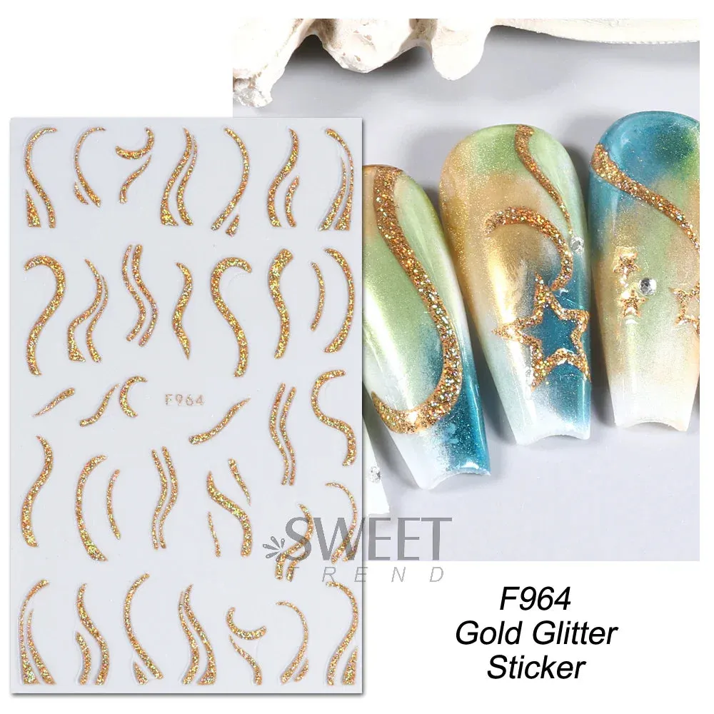Joskaa 3D Reflective Golden Glitter Stickers Silver Powder Butterfly Star French Holographic Lines Nail Art Decals Decoration Manicure