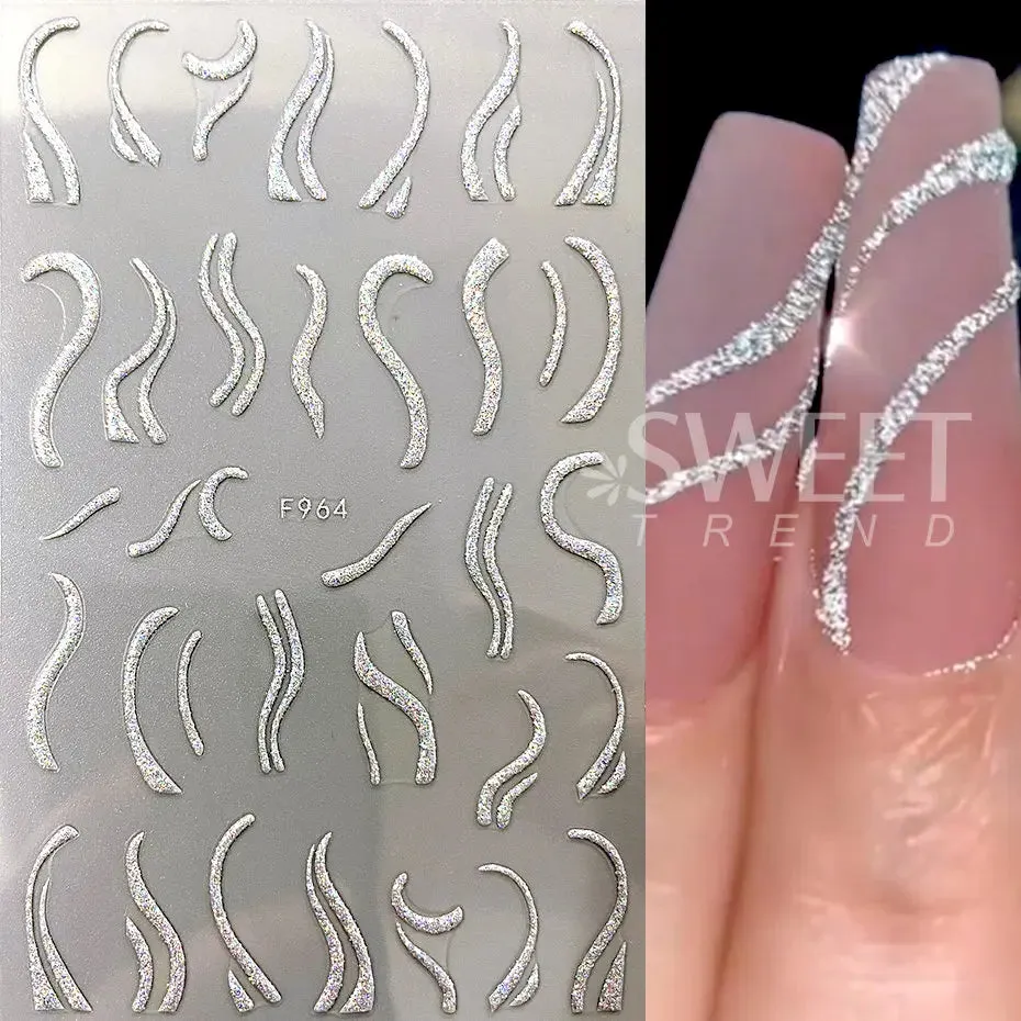 Joskaa 3D Reflective Golden Glitter Stickers Silver Powder Butterfly Star French Holographic Lines Nail Art Decals Decoration Manicure