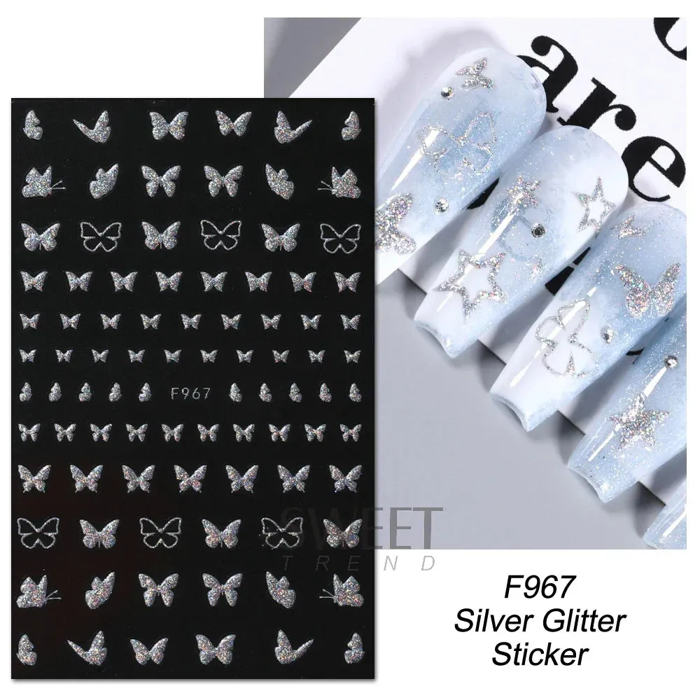 Joskaa 3D Reflective Golden Glitter Stickers Silver Powder Butterfly Star French Holographic Lines Nail Art Decals Decoration Manicure