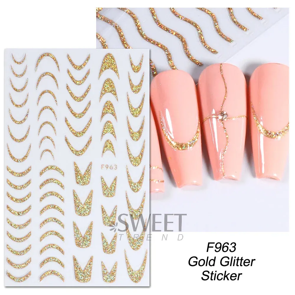 Joskaa 3D Reflective Golden Glitter Stickers Silver Powder Butterfly Star French Holographic Lines Nail Art Decals Decoration Manicure