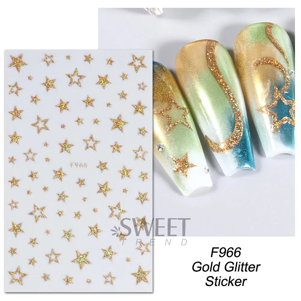 Joskaa 3D Reflective Golden Glitter Stickers Silver Powder Butterfly Star French Holographic Lines Nail Art Decals Decoration Manicure
