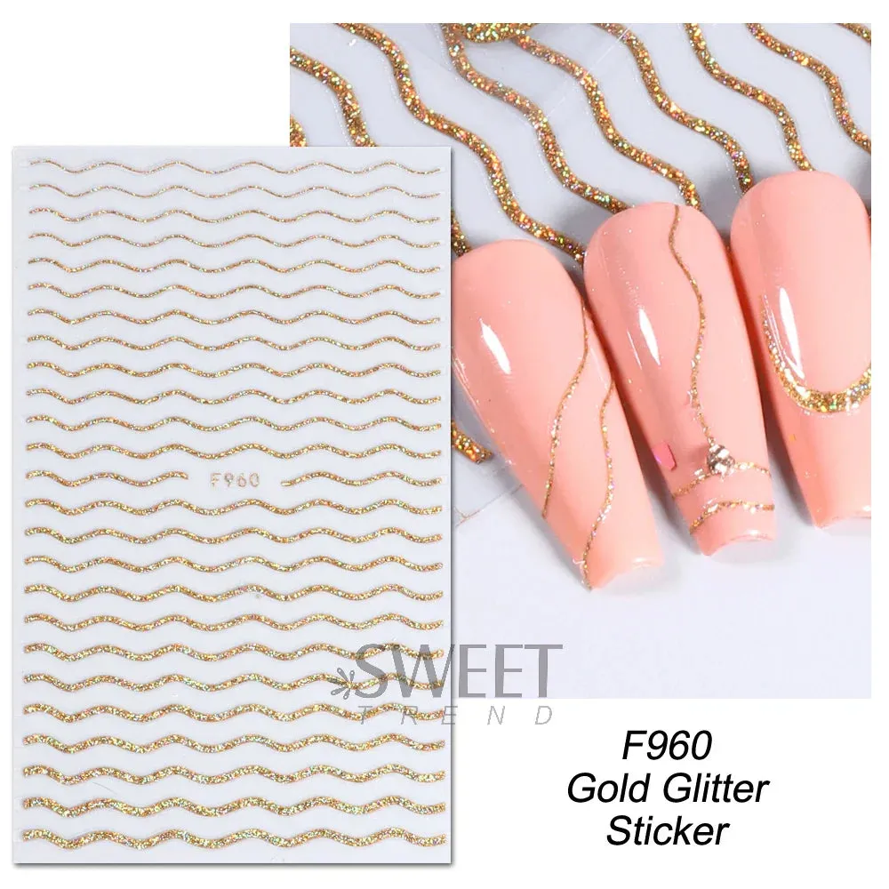 Joskaa 3D Reflective Golden Glitter Stickers Silver Powder Butterfly Star French Holographic Lines Nail Art Decals Decoration Manicure