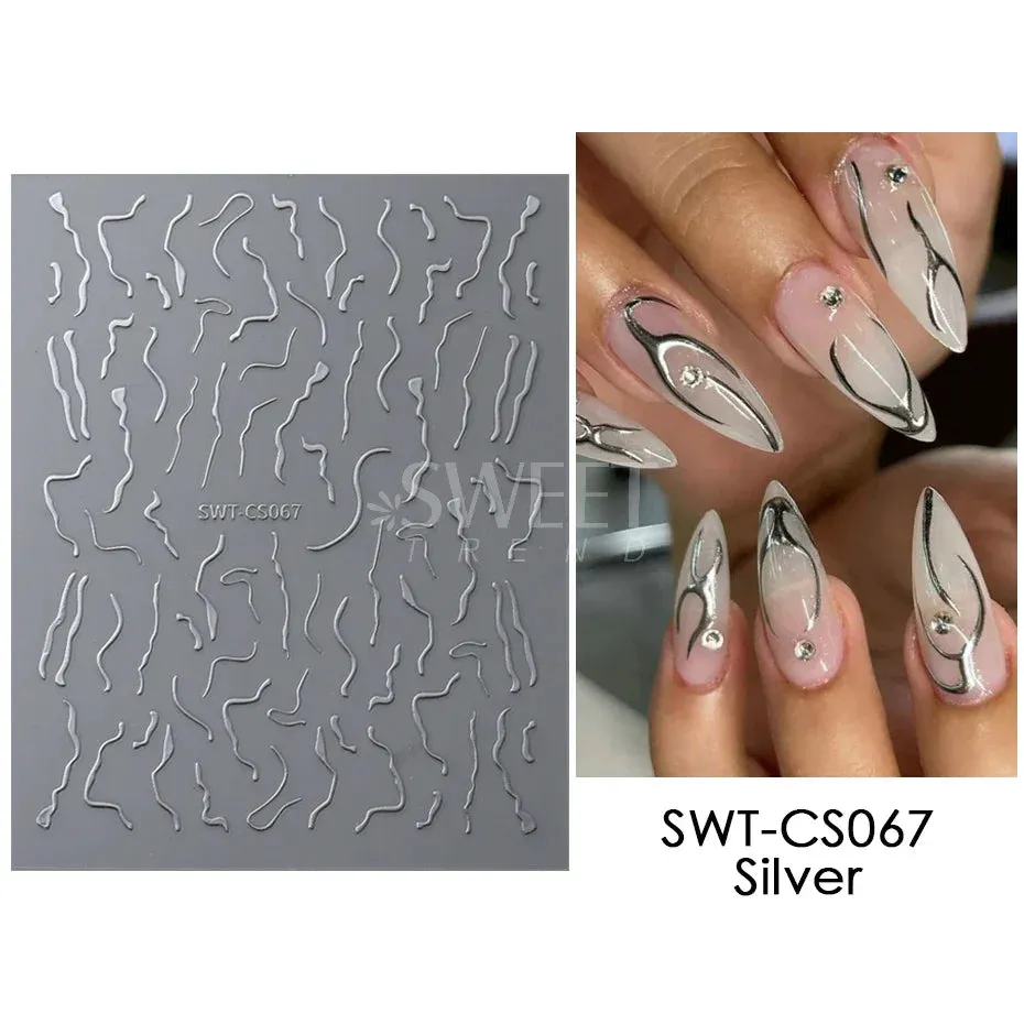 Joskaa 3D Reflective Golden Glitter Stickers Silver Powder Butterfly Star French Holographic Lines Nail Art Decals Decoration Manicure