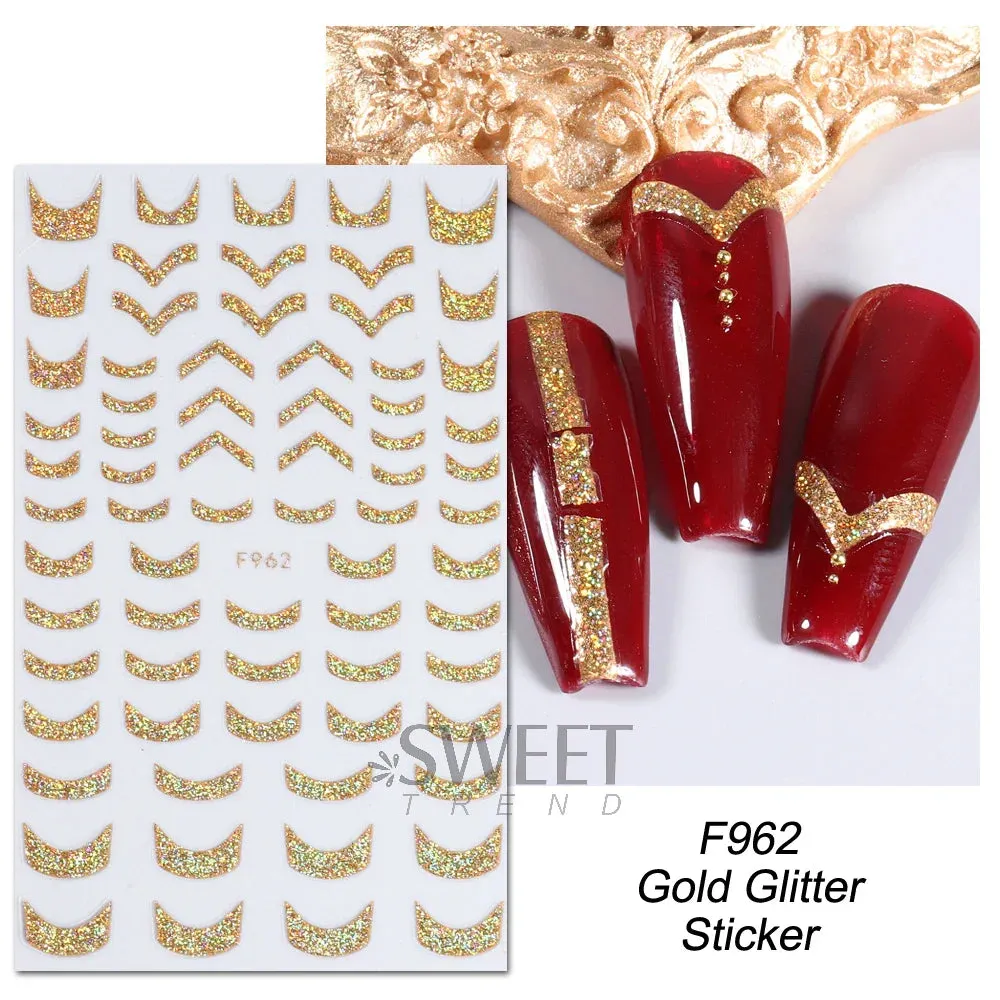 Joskaa 3D Reflective Golden Glitter Stickers Silver Powder Butterfly Star French Holographic Lines Nail Art Decals Decoration Manicure