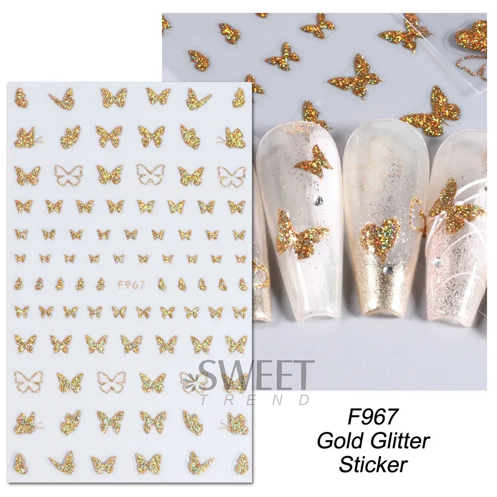 Joskaa 3D Reflective Golden Glitter Stickers Silver Powder Butterfly Star French Holographic Lines Nail Art Decals Decoration Manicure