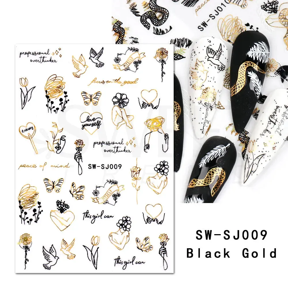 Joskaa Metallic Star Love French Nail Art Stickers Gold Silver Bronzing Wave Line Heart Designer Decal Elegant Manicure Foil Wraps LYMJ