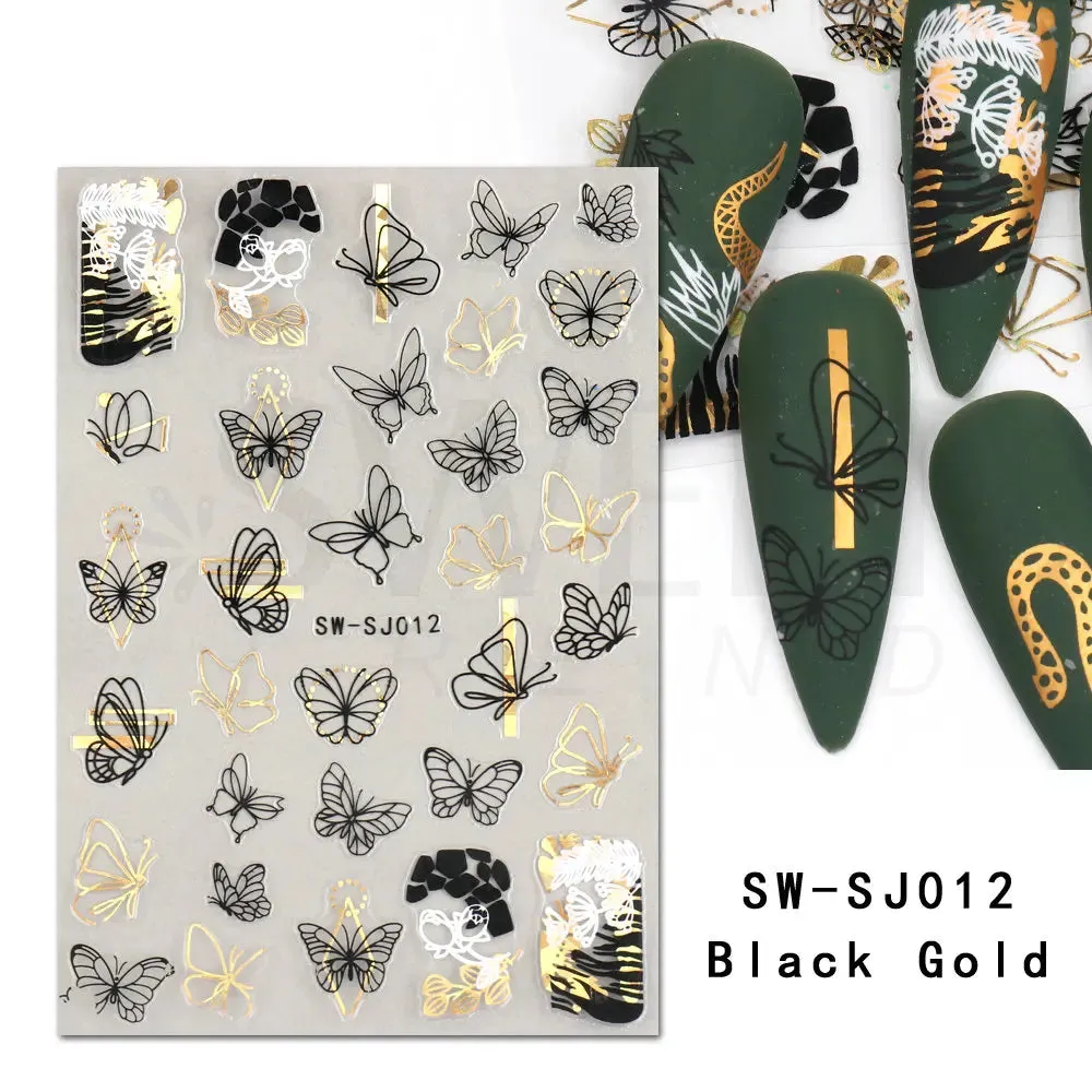 Joskaa Metallic Star Love French Nail Art Stickers Gold Silver Bronzing Wave Line Heart Designer Decal Elegant Manicure Foil Wraps LYMJ