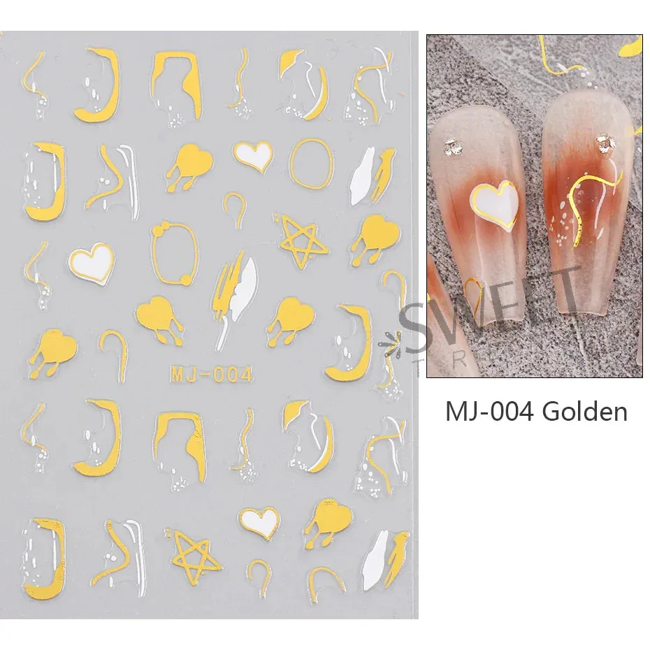 Joskaa Metallic Star Love French Nail Art Stickers Gold Silver Bronzing Wave Line Heart Designer Decal Elegant Manicure Foil Wraps LYMJ