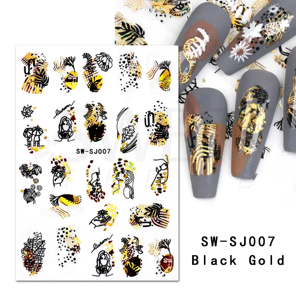 Joskaa Metallic Star Love French Nail Art Stickers Gold Silver Bronzing Wave Line Heart Designer Decal Elegant Manicure Foil Wraps LYMJ