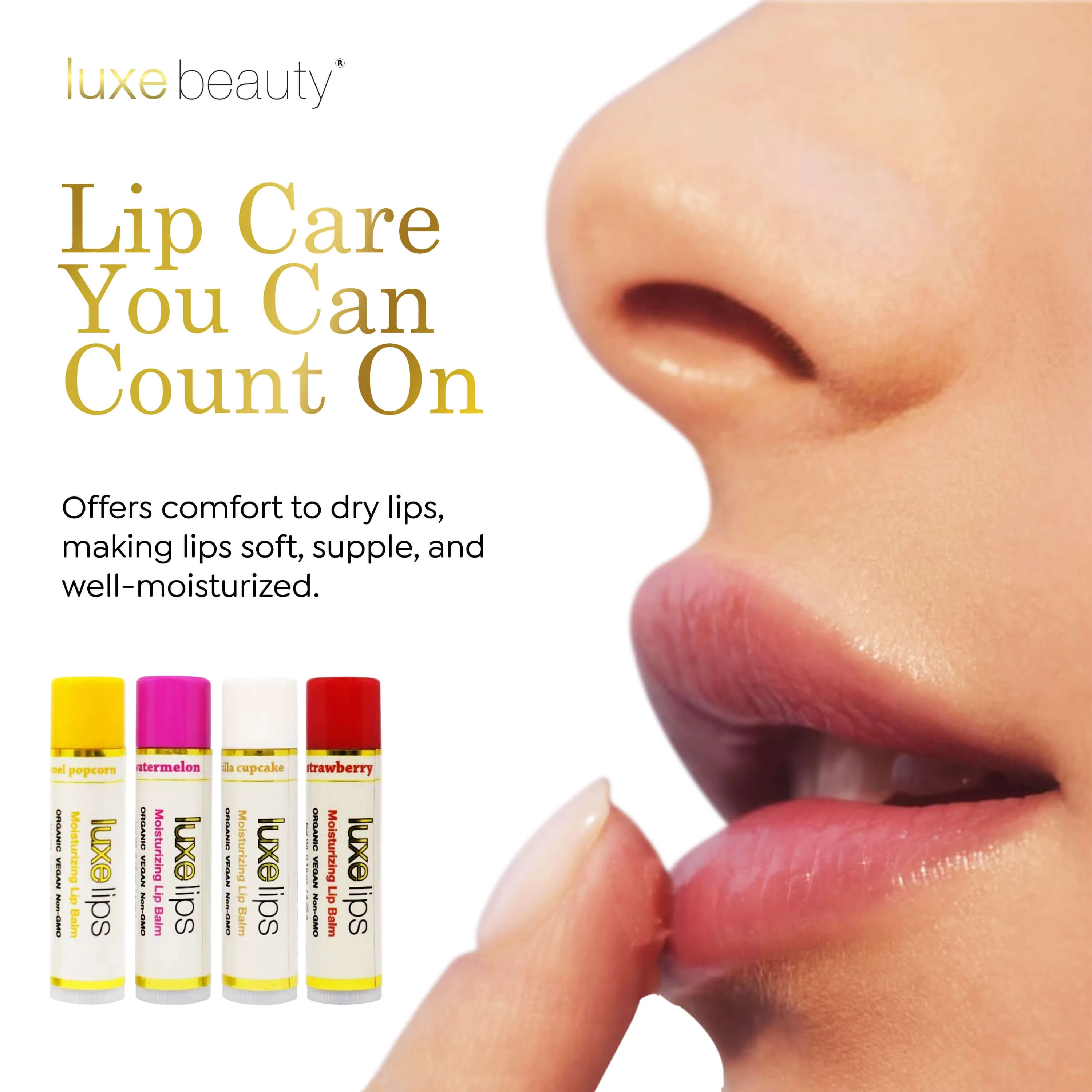 Luxe Lips 4 Pack: Caramel Popcorn, Watermelon, Vanilla & Strawberry