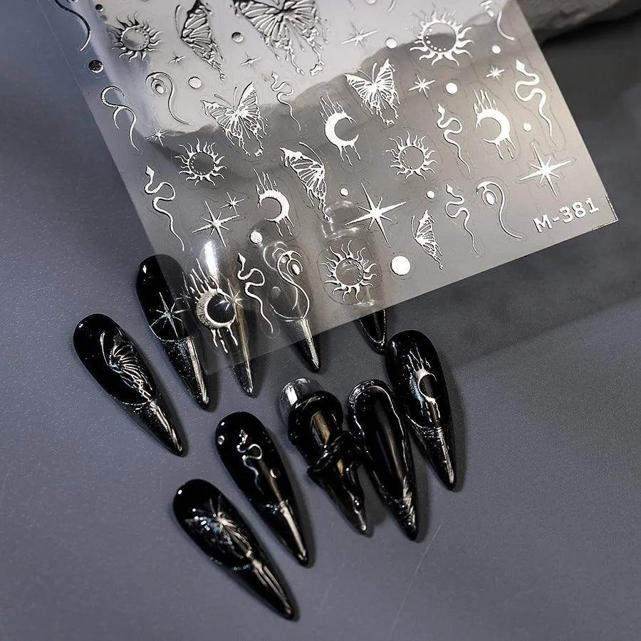 Metal Silver Buttergly Nail Art Stickers Adhesive Wings with Moon Star Sticker Decals TSM381