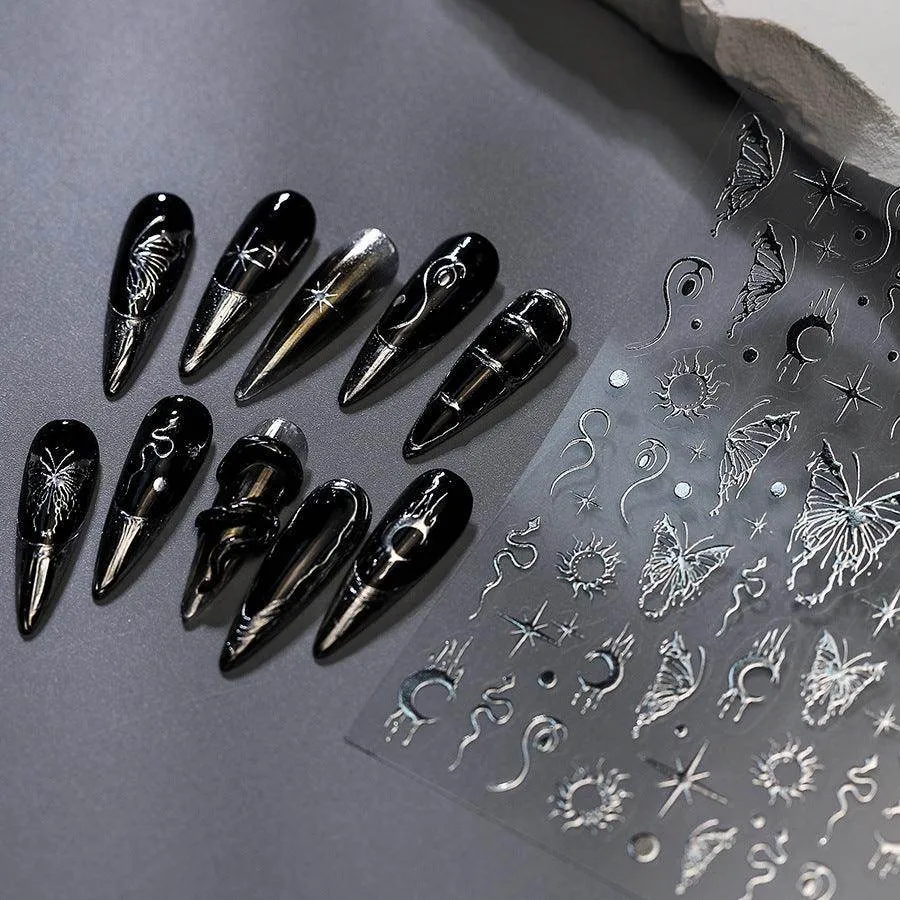 Metal Silver Buttergly Nail Art Stickers Adhesive Wings with Moon Star Sticker Decals TSM381