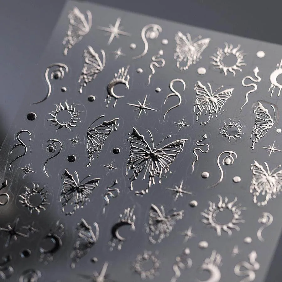 Metal Silver Buttergly Nail Art Stickers Adhesive Wings with Moon Star Sticker Decals TSM381