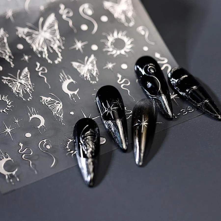 Metal Silver Buttergly Nail Art Stickers Adhesive Wings with Moon Star Sticker Decals TSM381