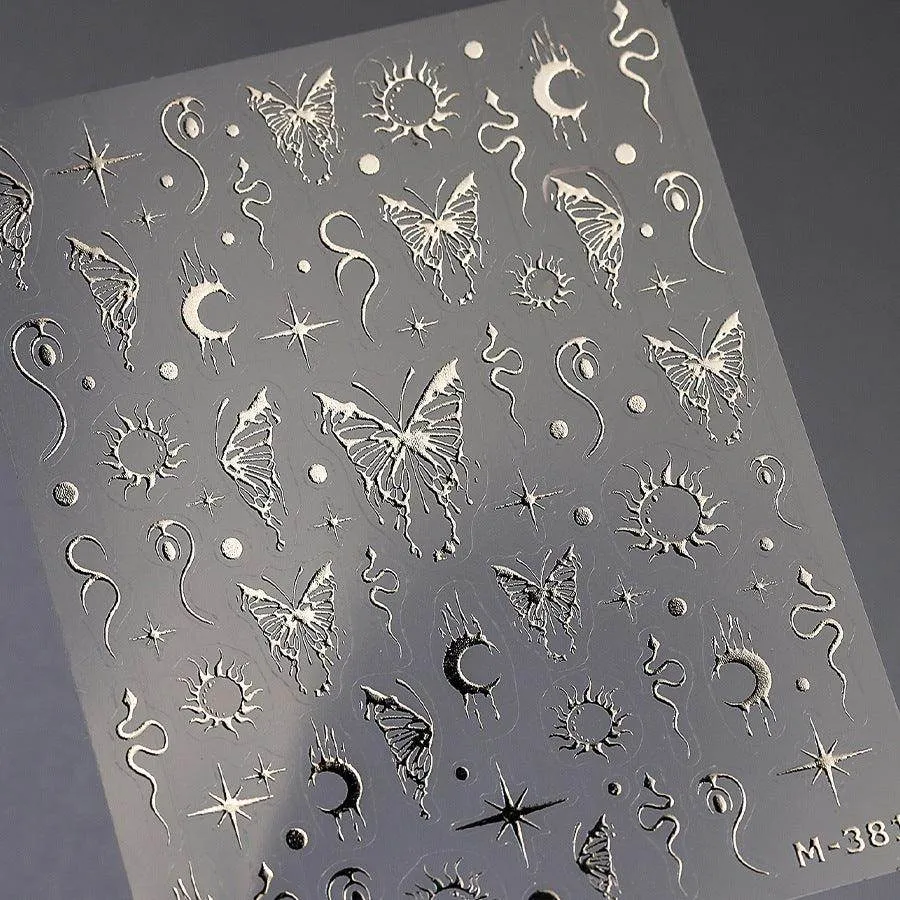 Metal Silver Buttergly Nail Art Stickers Adhesive Wings with Moon Star Sticker Decals TSM381