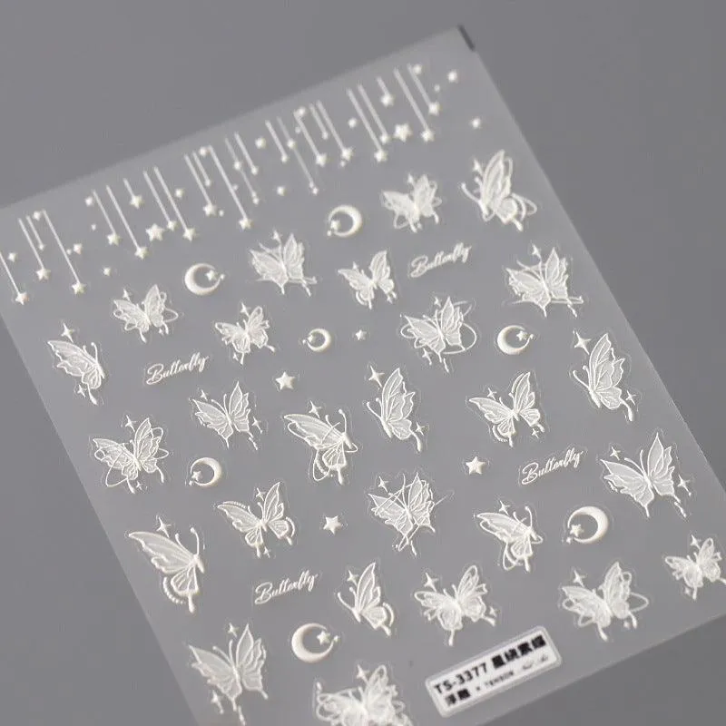 Nail Art Stickers Adhesive Sliders Moon Stars Butterfly Embossed Sticker Decals