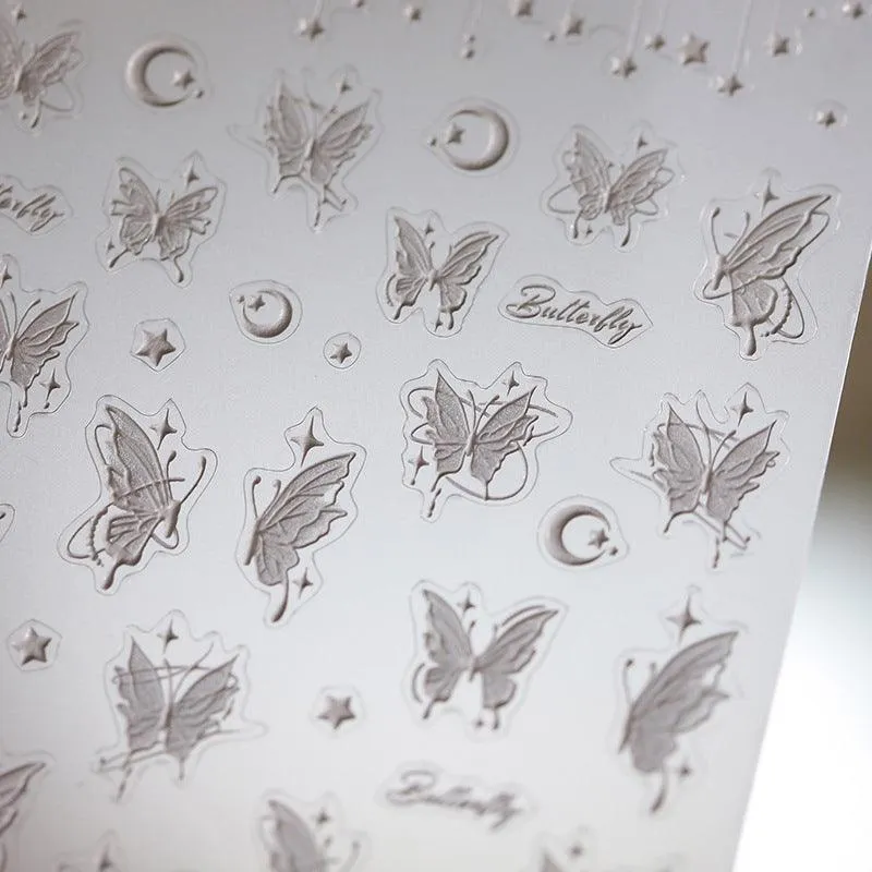 Nail Art Stickers Adhesive Sliders Moon Stars Butterfly Embossed Sticker Decals