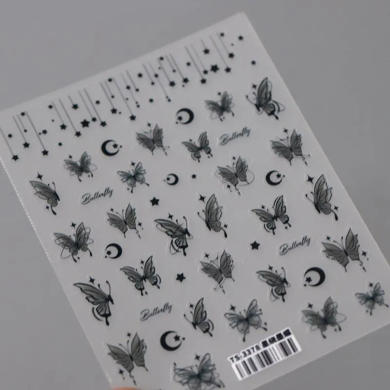 Nail Art Stickers Adhesive Sliders Moon Stars Butterfly Embossed Sticker Decals