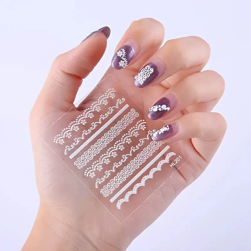 Nail Art Stickers | Embossed Stereoscopic Lace Baroque Nail Decals | Self-Adhesive White Engraved Nail Stickers