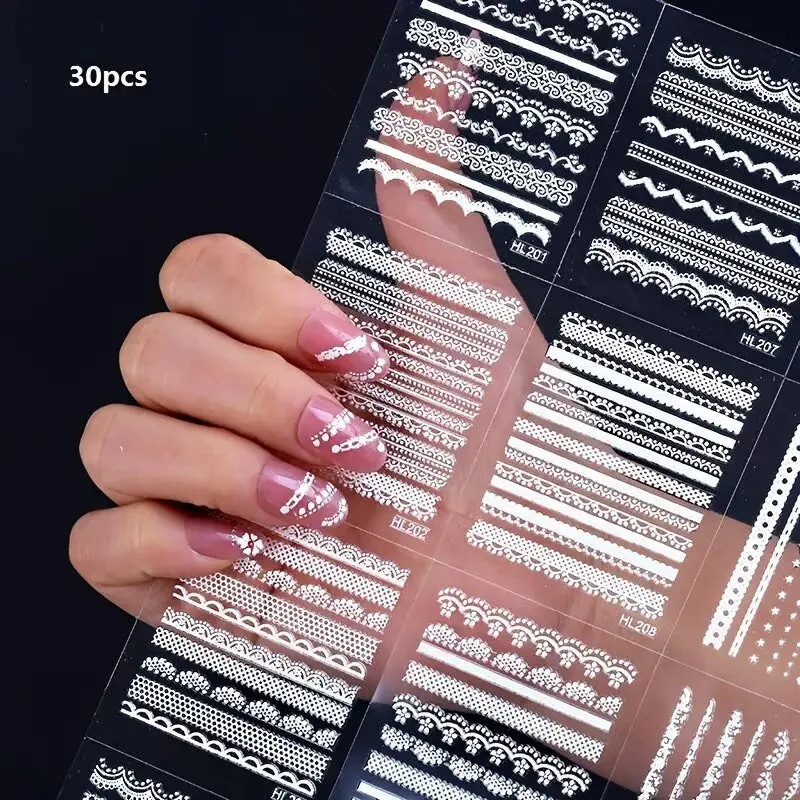 Nail Art Stickers | Embossed Stereoscopic Lace Baroque Nail Decals | Self-Adhesive White Engraved Nail Stickers