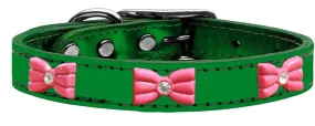 Pink Glitter Bow Widget Genuine Metallic Leather Dog Collar Emerald Green 10