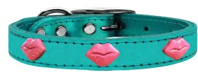 Pink Glitter Lips Widget Genuine Metallic Leather Dog Collar Turquoise 12