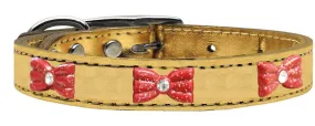 Red Glitter Bow Widget Genuine Metallic Leather Dog Collar Gold 16